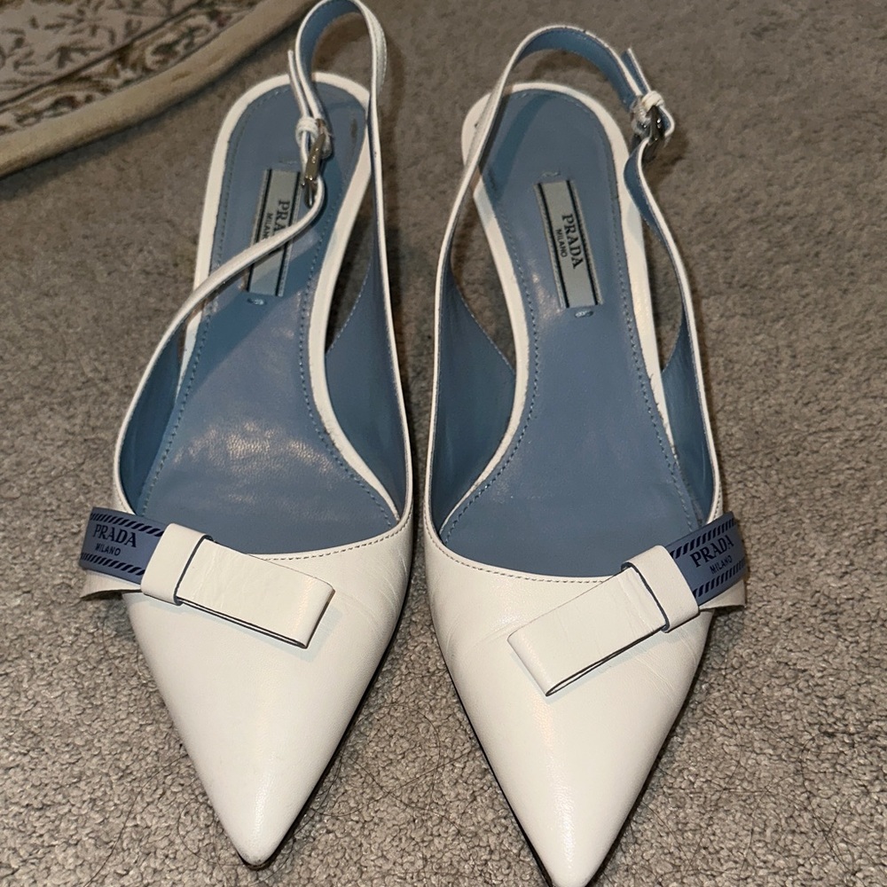 Prada White and Blue Slingback Heels